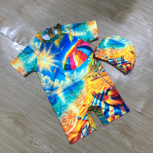 SUNNY BEACH HALF SLEEVE SWIMMING SUIT WITH CAP ( 2Y TO 14YEAR)